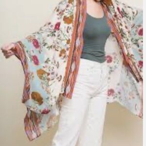 BCBG Generation Womens Viscose Floral Print Chiffon Kimono Long Cardigan Blouse